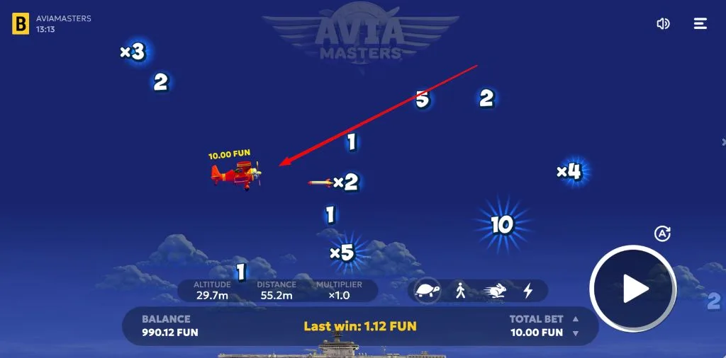 Aviamasters gameplay showing several multipliers floating in the sky