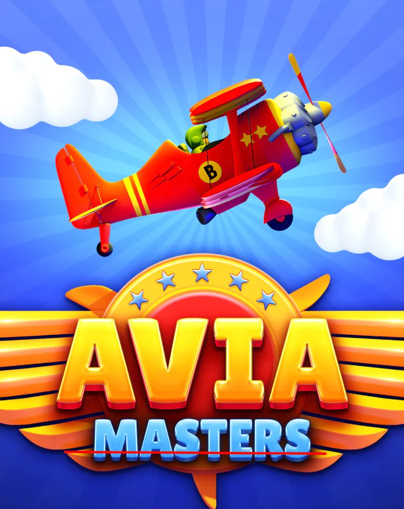 Aviamasters crash game poster with the red biplane flying over the clouds