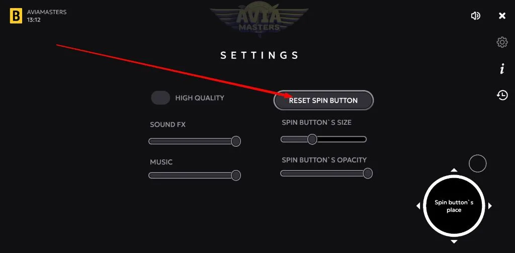 Aviamasters in-game settings panel showing sound and spin button options